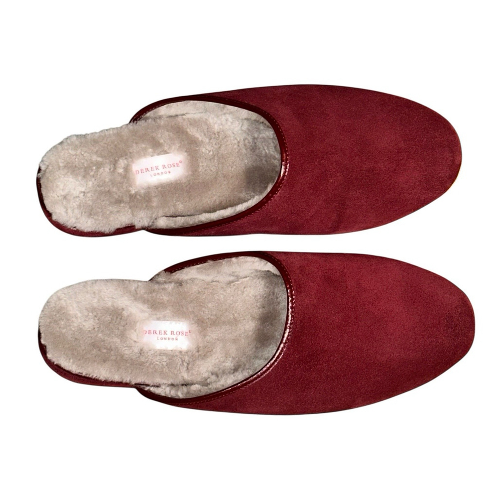 Derek Rose Mens Douglas Mule Slippers - Size 10 - Bordeaux Burgundy Sheepskin - Picture 4 of 8